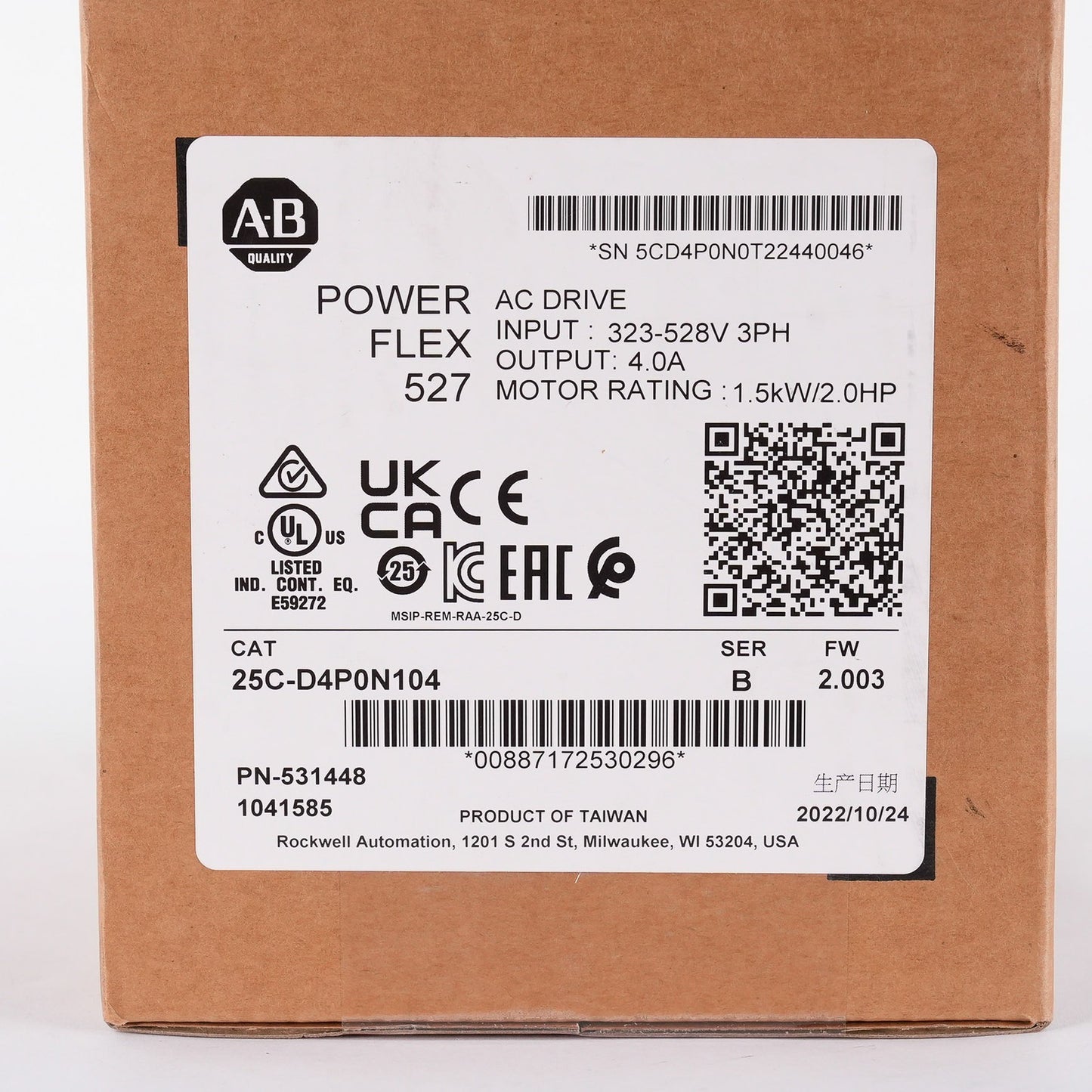 Allen Bradley 25C-D4P0N104 PowerFlex 527 AC Drive 480V 3PH 2HP 1.5kW 4A