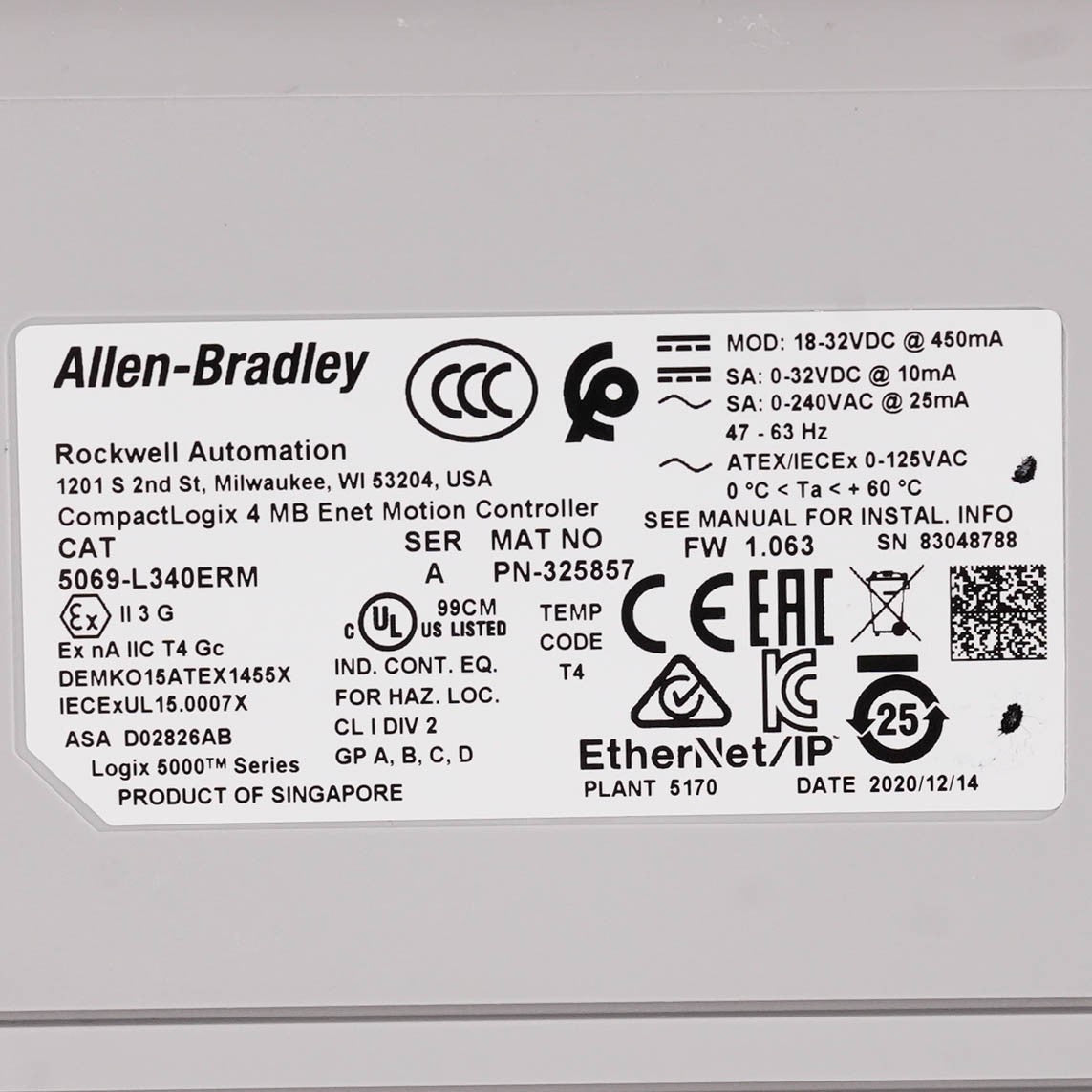 Allen Bradley 5069-L340ERM /A CompactLogix 5380 Controller 4MB 5069L340ERM 24VDC