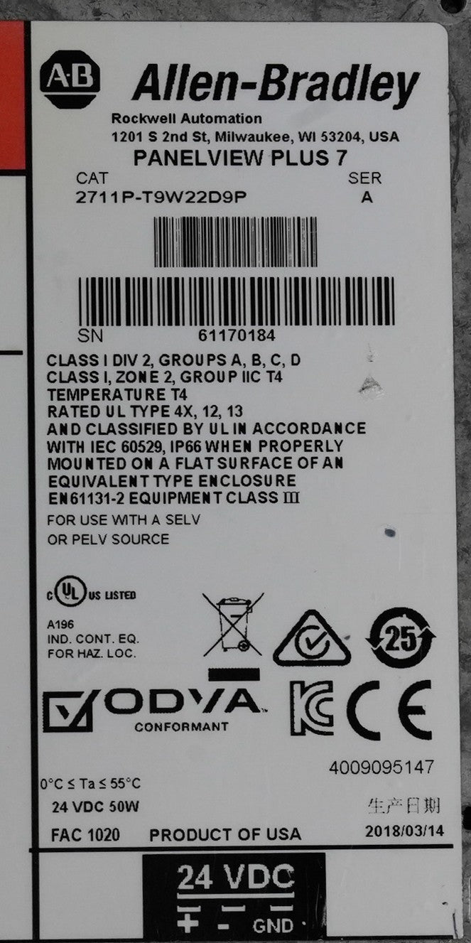 Allen Bradley 2711P-T9W22D9P /A PanelView Plus 7 9" 24V Color 2711PT9W22D9P