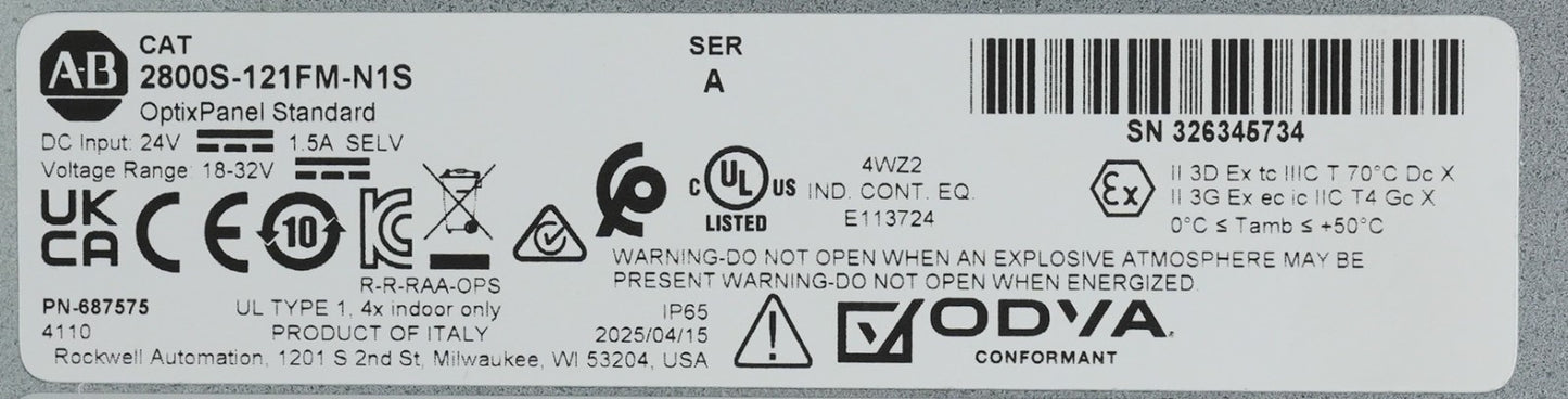 Allen Bradley 2800S-121FM-N1S /A Optixpanel Standard Terminal 2800S121FMN1S Open