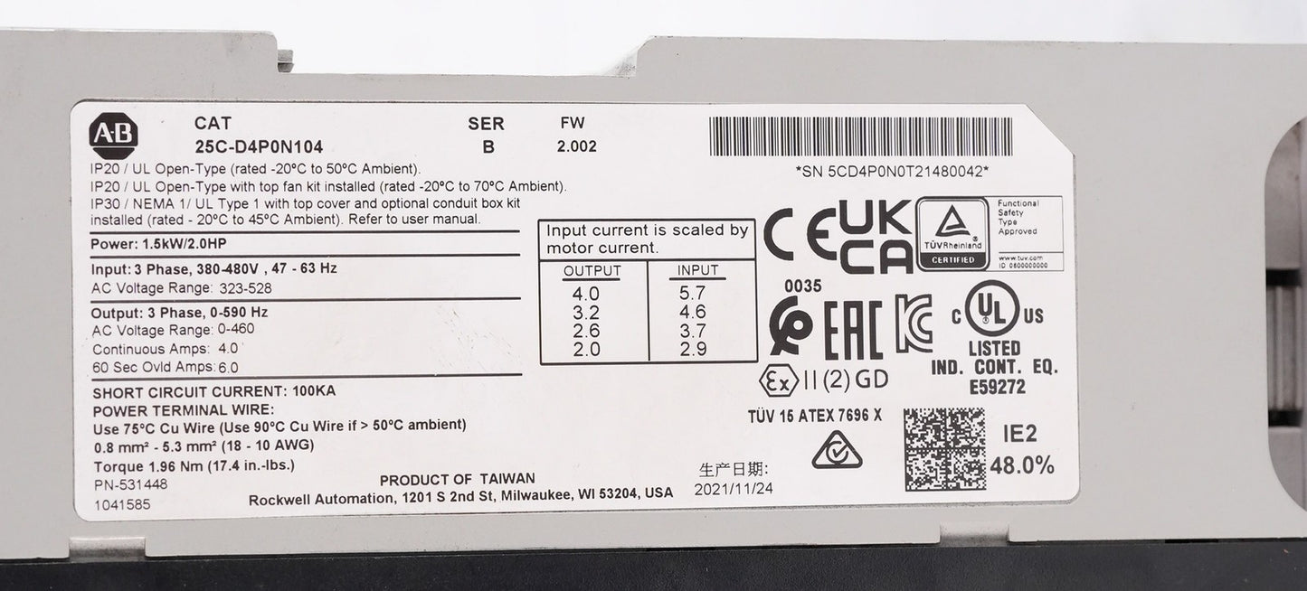 Allen Bradley 25C-D4P0N104 /B PowerFlex 527 AC Drive 480V 3PH 1.5kW 25CD4P0N104