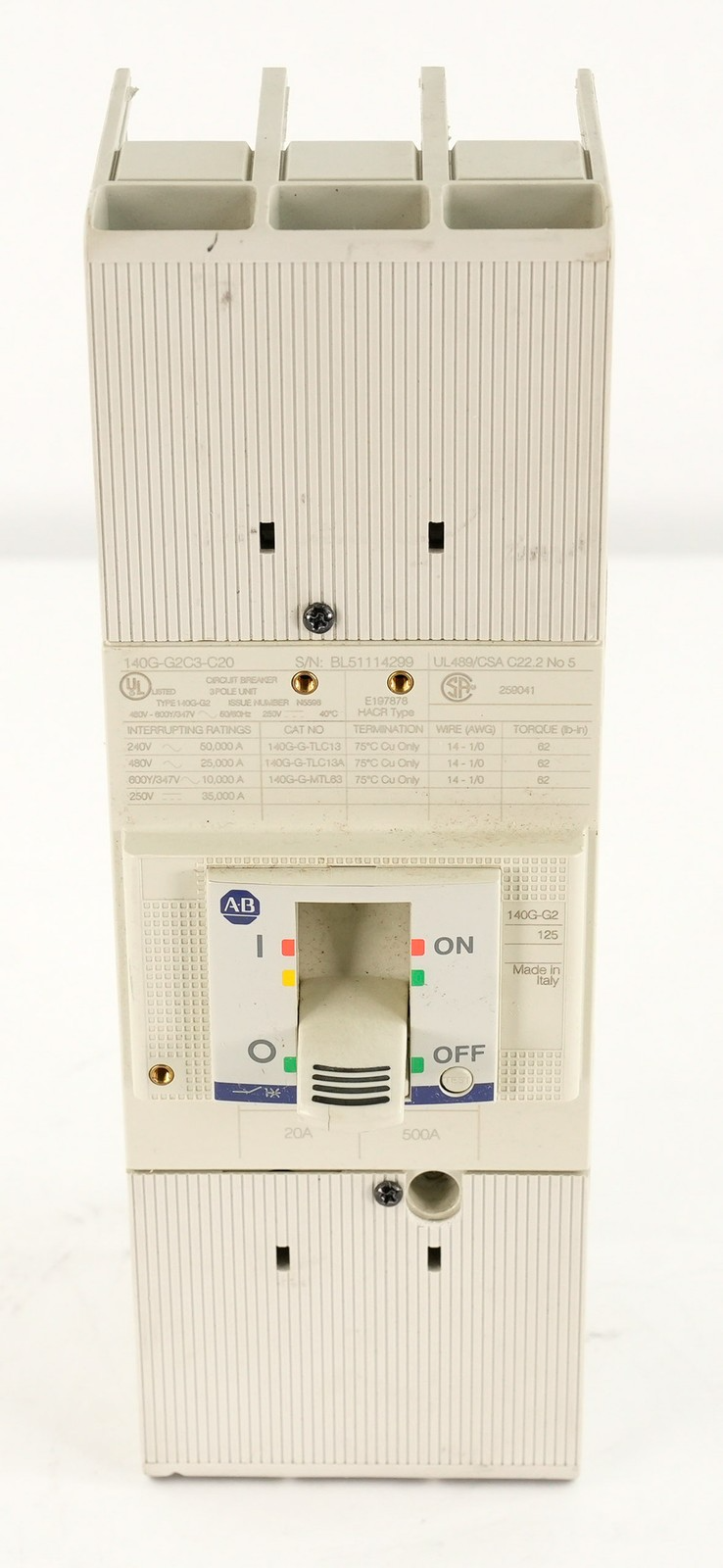 Allen Bradley 140G-G2C3-C20 Circuit Breaker 20A 3-Pole 140GG2C3C20