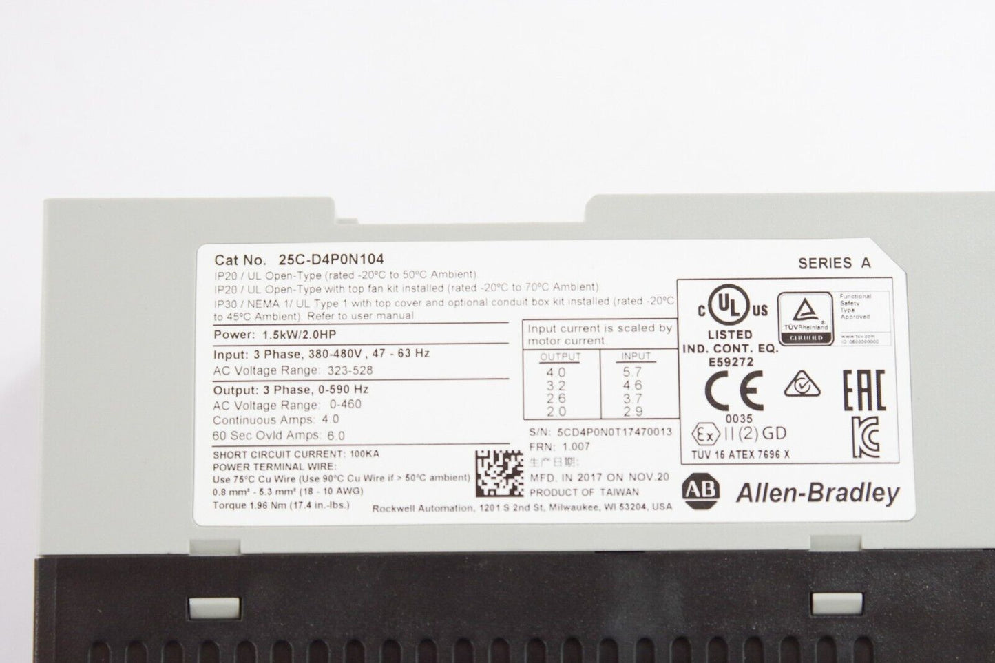 Allen Bradley 25C-D4P0N104 Ser A PowerFlex 527 AC Drive 480V 4A 2HP