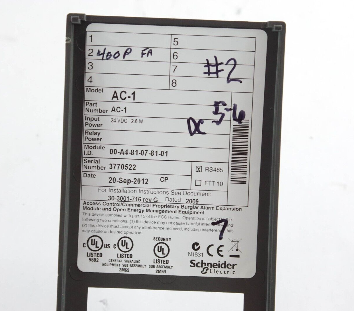 Schneider Electric Andover Controls AC-1 RS-485 I/O Access Control Module