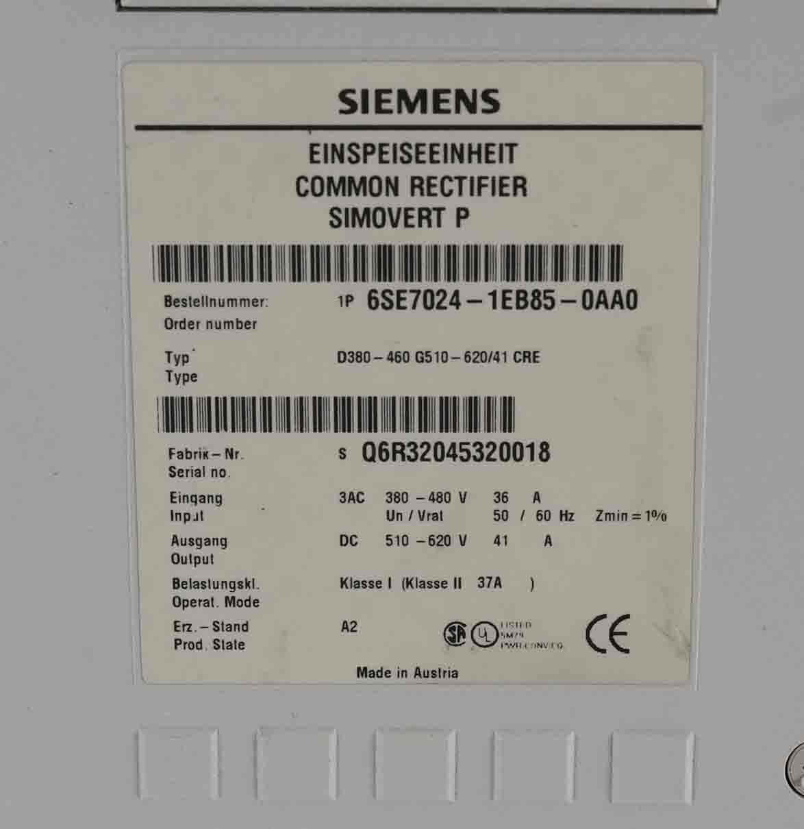 Siemens 6SE7024-1EB85-0AA0 Simovert Common Rectifier 6SE70241EB850AA0