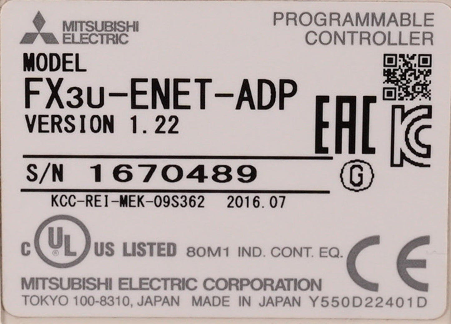 Mitsubishi Electric FX3U-ENET-ADP v1.22 Programmable Controller FX3UENETADP