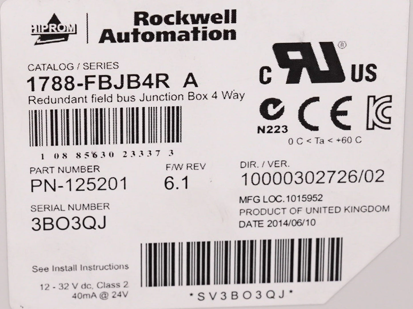 Allen Bradley 1788-FBJB4R /A Redundant Fieldbus 4-Way Junction Box 1788FBJB4R