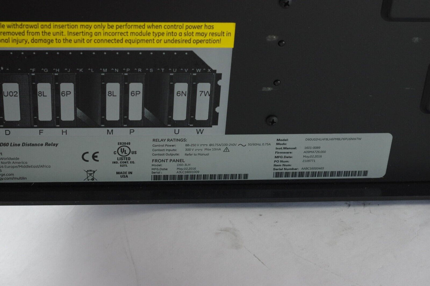 GE Multilin D60 LINE DISTANCE PROTECTION RELAY Rack D60U02HLHF8LH6PM8LP6U6NW7W