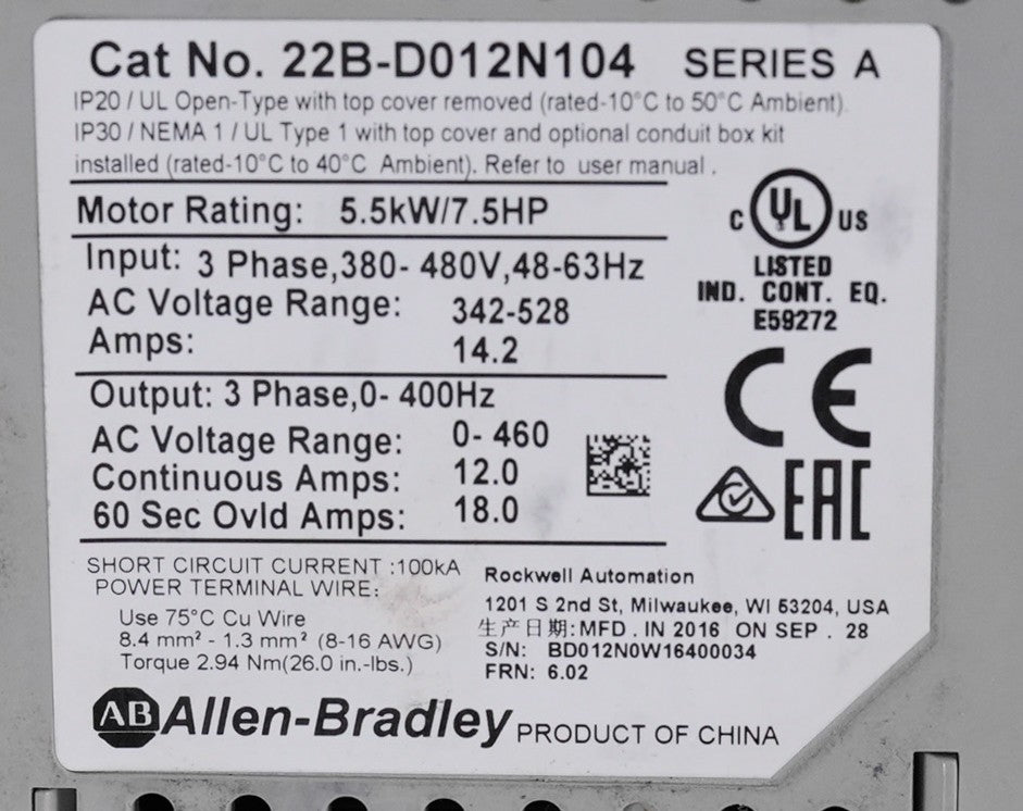 Allen-Bradley 22B-D012N104 /A PowerFlex 40 AC Variable Frequency Drive 7.5hp