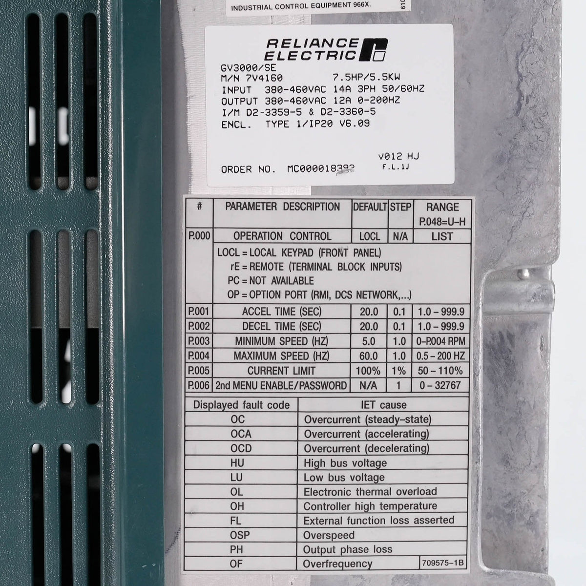 Reliance Electric GV3000/SE AC Drive 230V 3Ph GV3000SE GV3000-SE 7.5hp 7V4160