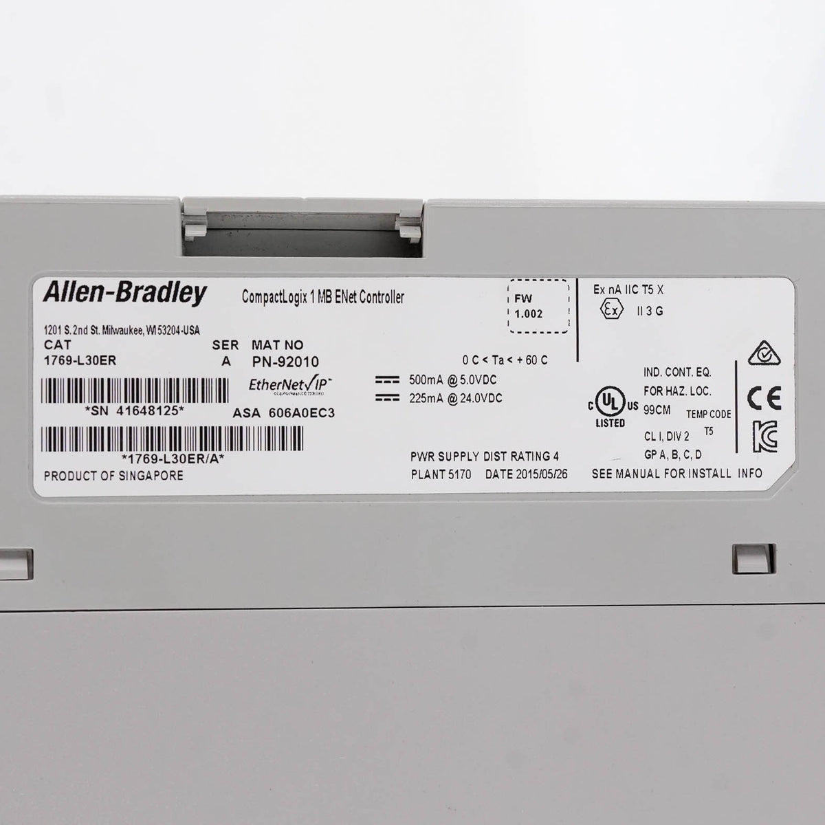 Allen Bradley 1769-L30ER CompactLogix 5370 L3 Controller 1MB Memory 1769L30ER