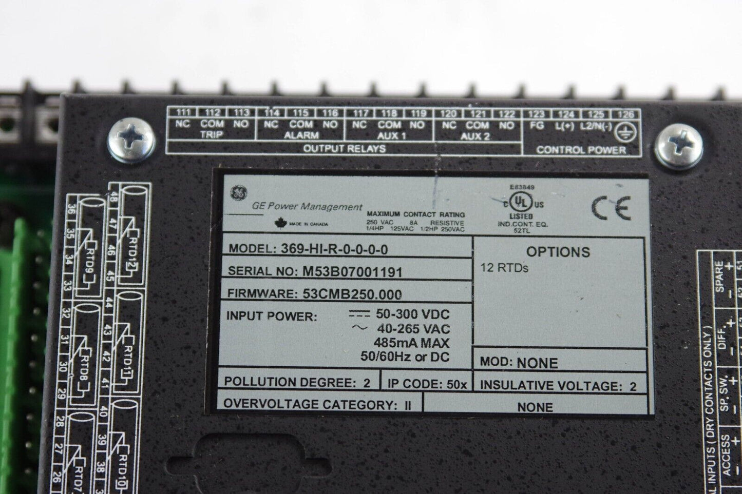 GE MULTILIN 369-HI-R-0-0-0-0 / 369HIR0000 Motor Management Relay 250VAC 8A