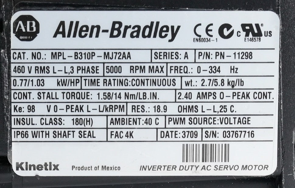 Allen Bradley MPL-B310P-MJ72AA /A Kinetix AC Servo Motor 460V 5000RPM