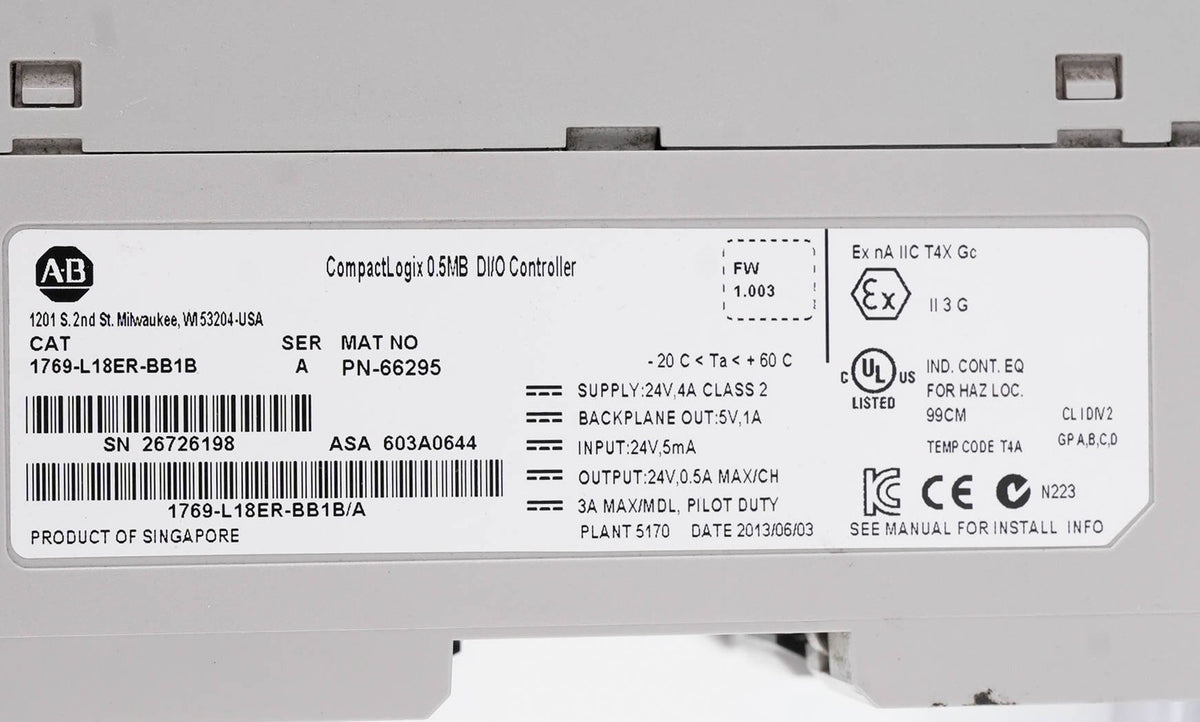 Allen Bradley 1769-L18ER-BB1B Ser A CompactLogix 5370 L1 Controller 24VDC