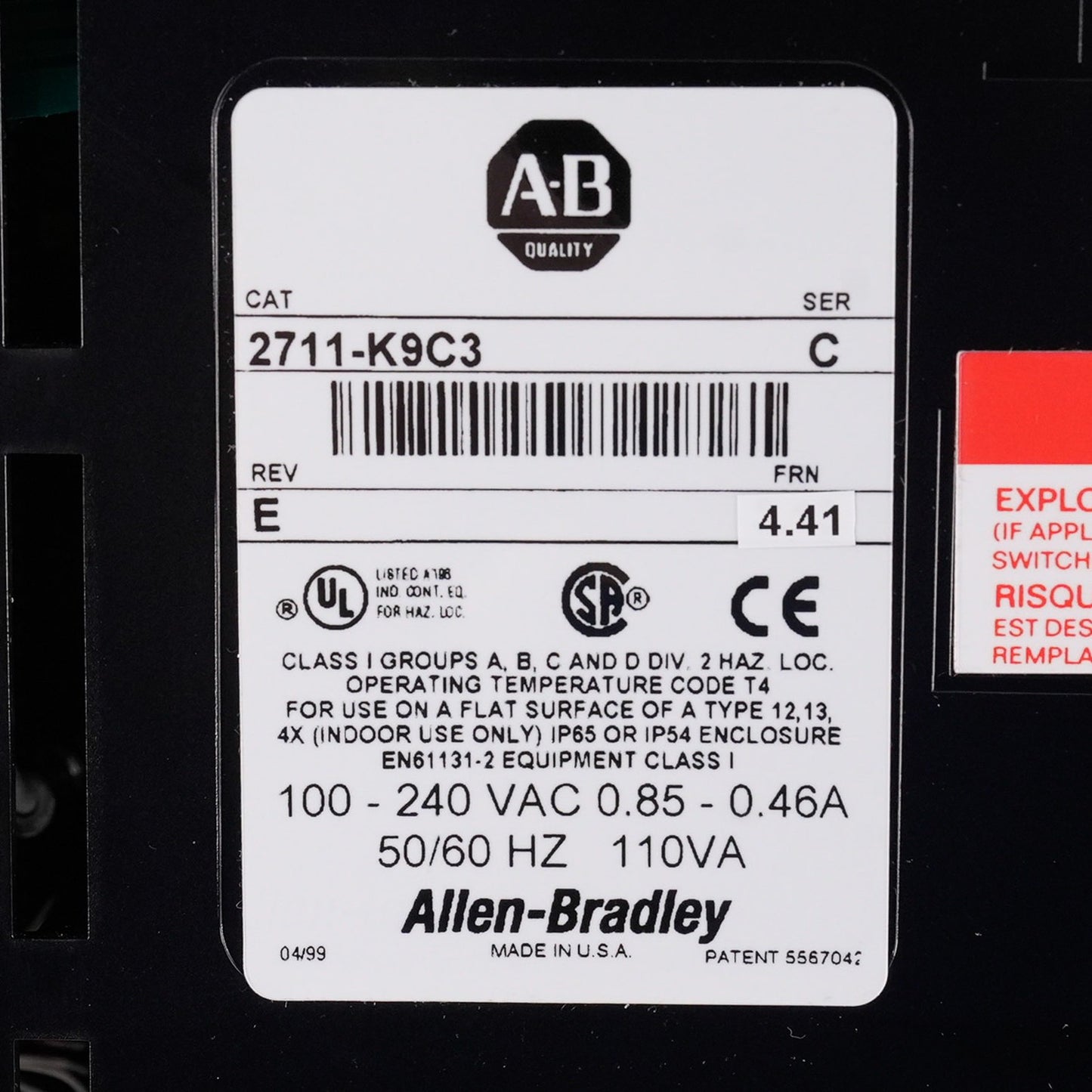 Allen Bradley 2711-K9C3 /C Rev E FRN 4.41 PanelView 900 HMI Display 2711K9C3