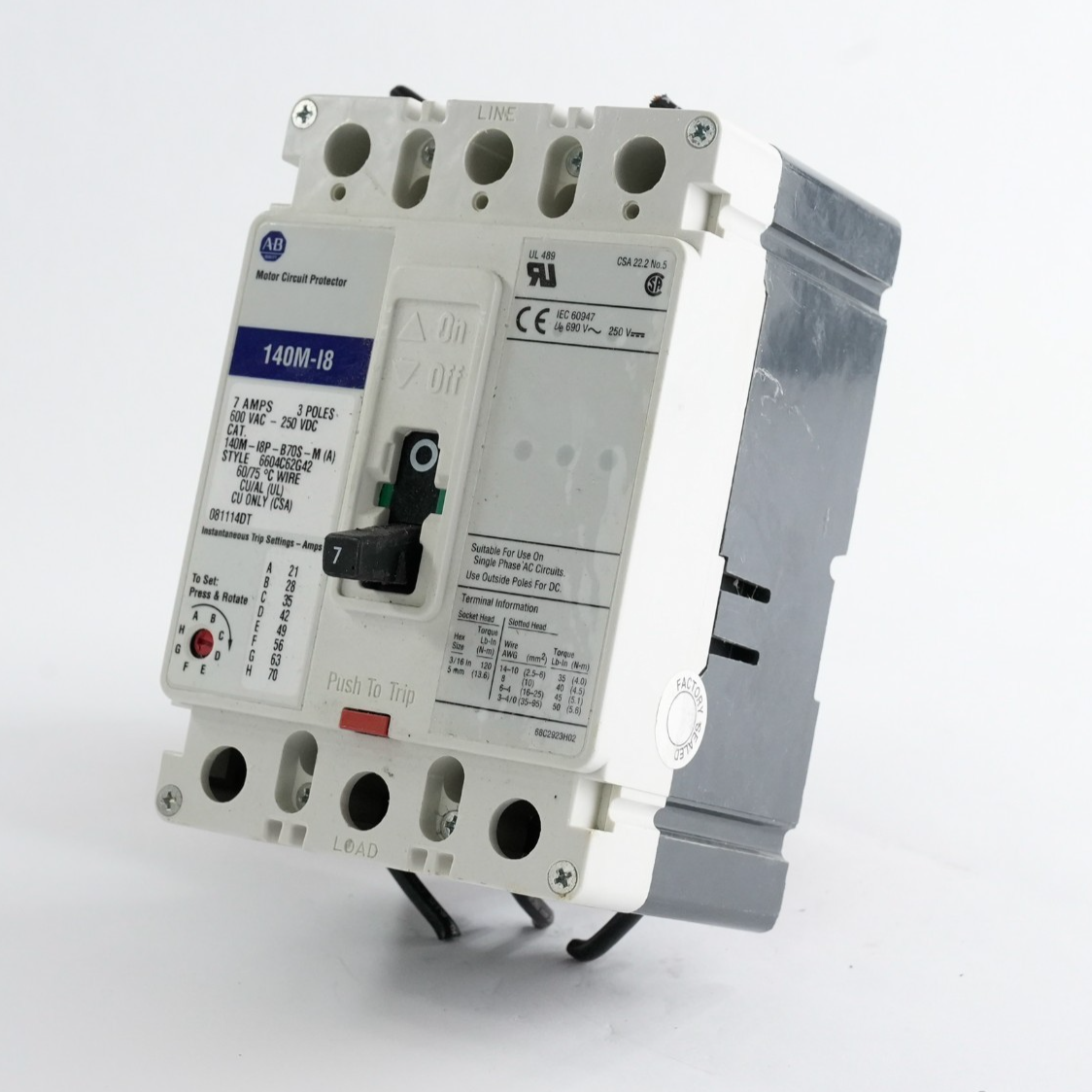Allen Bradley 140M-I8P-B70S-M (A) Motor Circuit Protector 140M-I8 3-Pole 600VAC