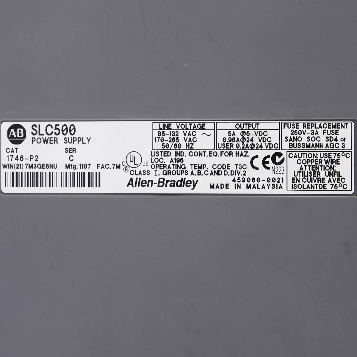 Allen Bradley 1746-P2 Ser C SLC 500 Power Supply 120 VAC 1746P2 Open Box