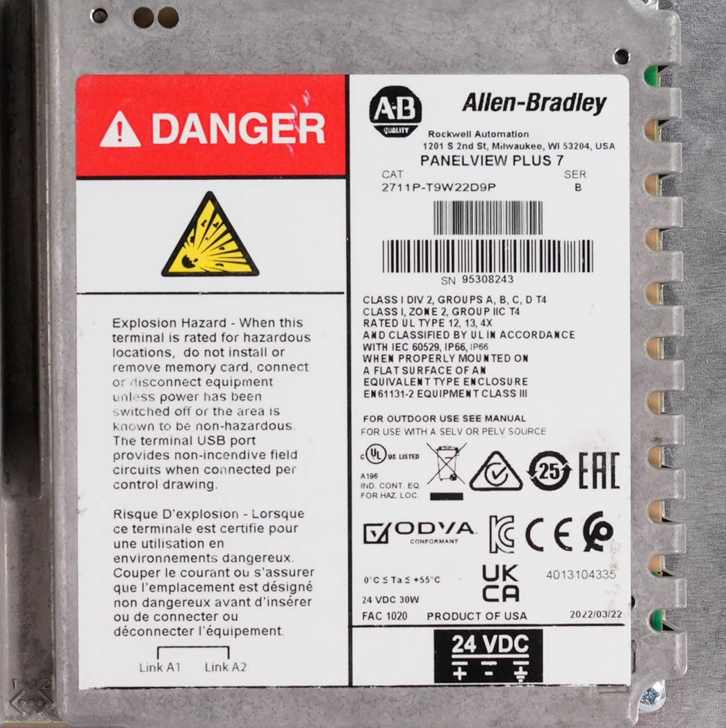 Allen Bradley 2711P-T9W22D9P /B PanelView Plus 7 9-In Touch HMI 24V (installed)