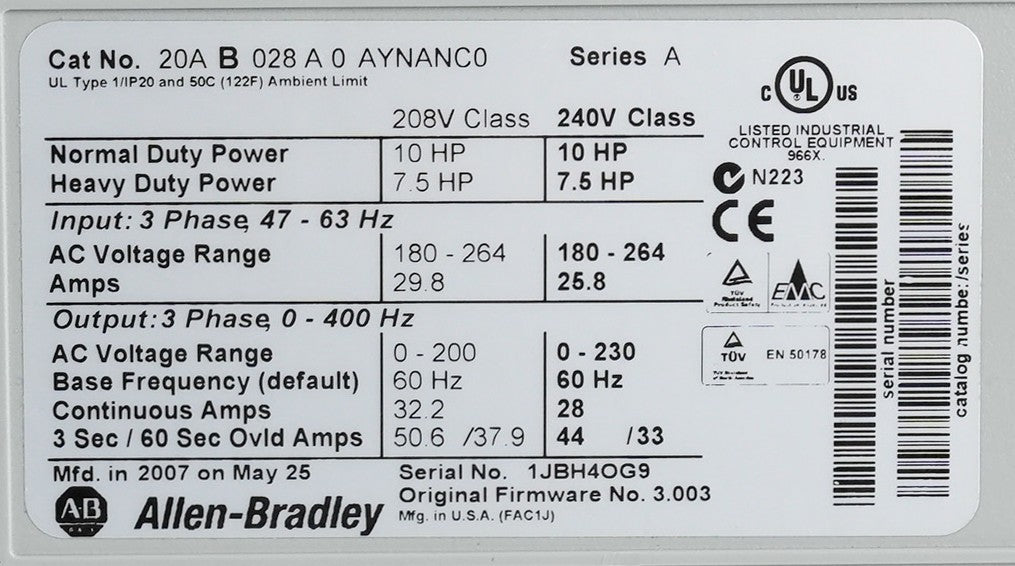 Allen Bradley 20AB028A0AYNANC0 /A Powerflex 70 240V AC Drive