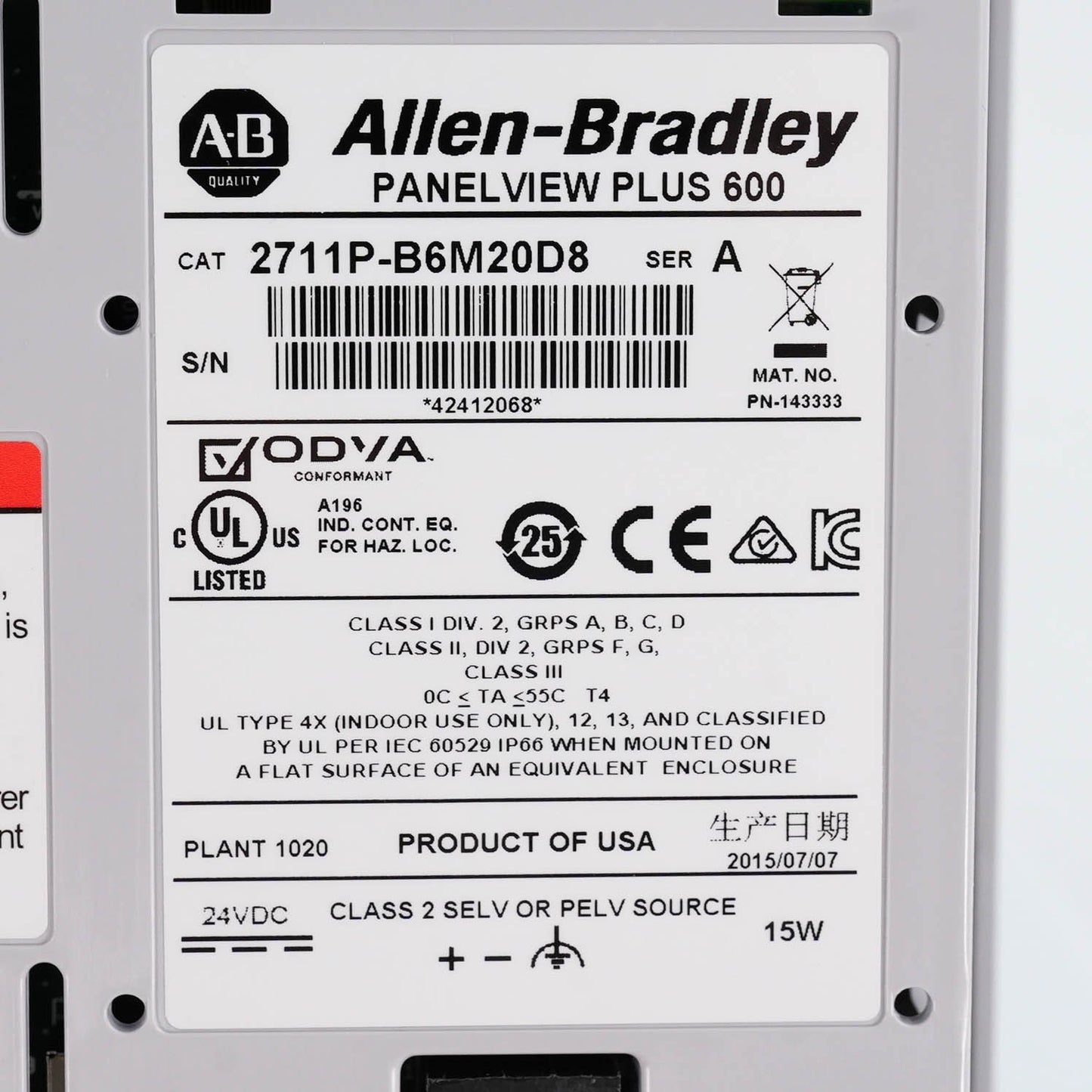 Allen Bradley 2711P-B6M20D8 Ser A PanelView Plus 6 600 Mono Key/Touch 24VDC