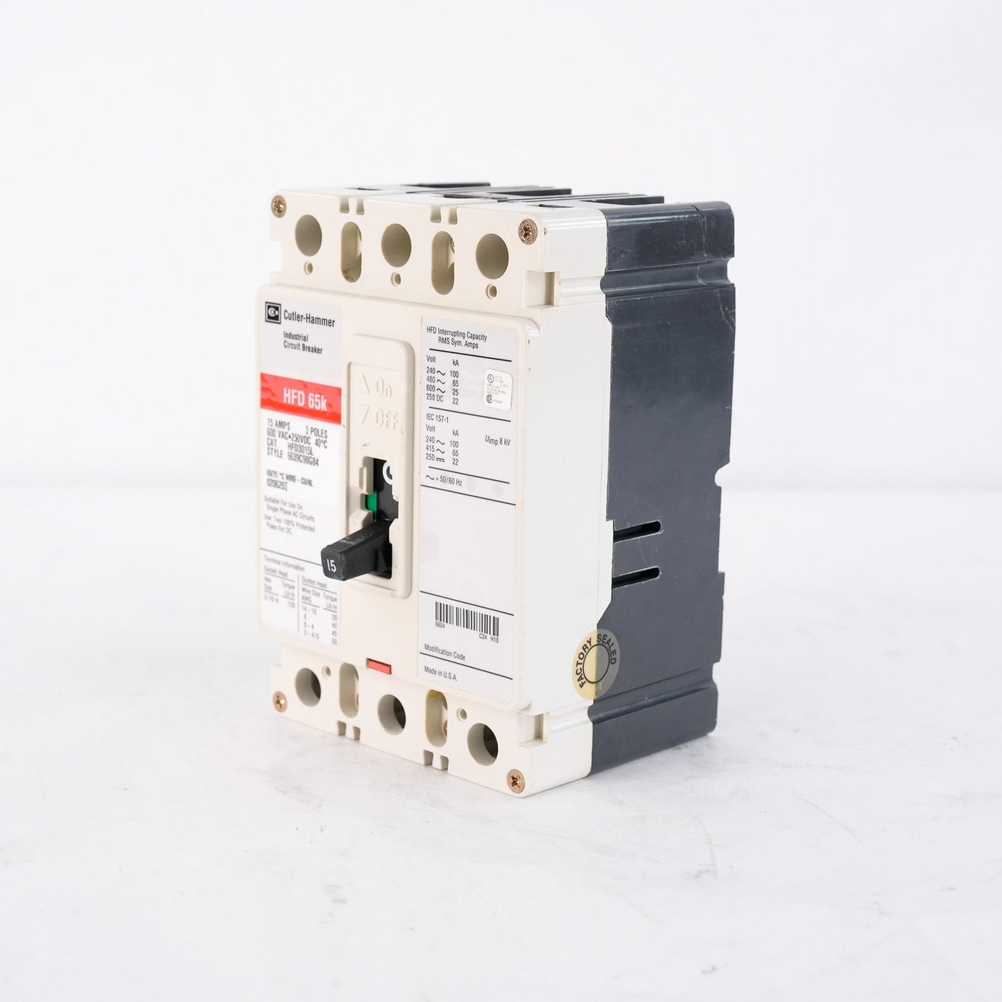 Eaton Cutler-Hammer HFD3015L Circuit Breaker 3 Pole 15A 600V HFD 65k