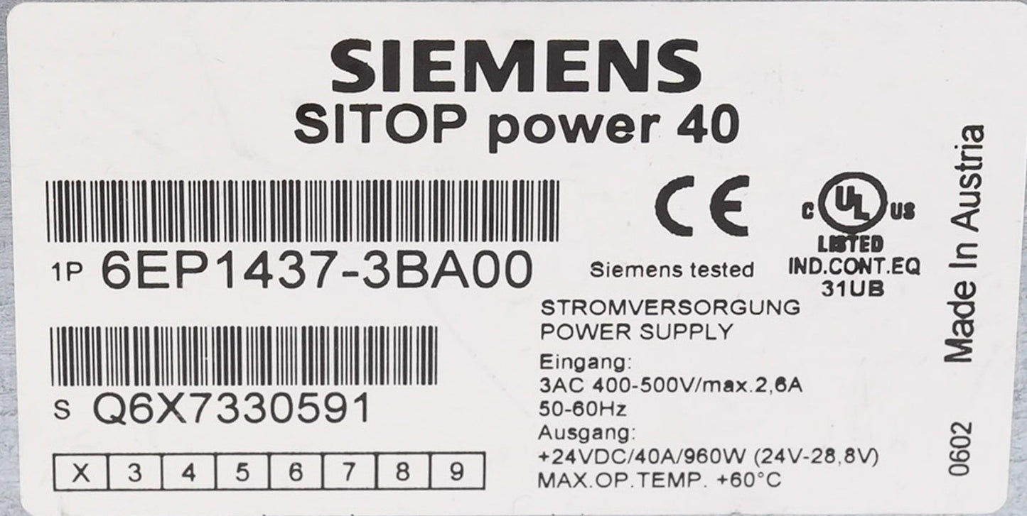 Siemens 6EP1437-3BA00 SITOP power 40 Power Supply 400-500V 6EP14373BA00