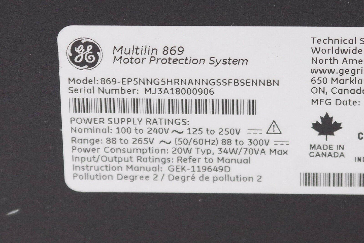 GE Multilin 869 Motor Protection System 869-EP5NNG5HRNANNGSSFBSENNBN