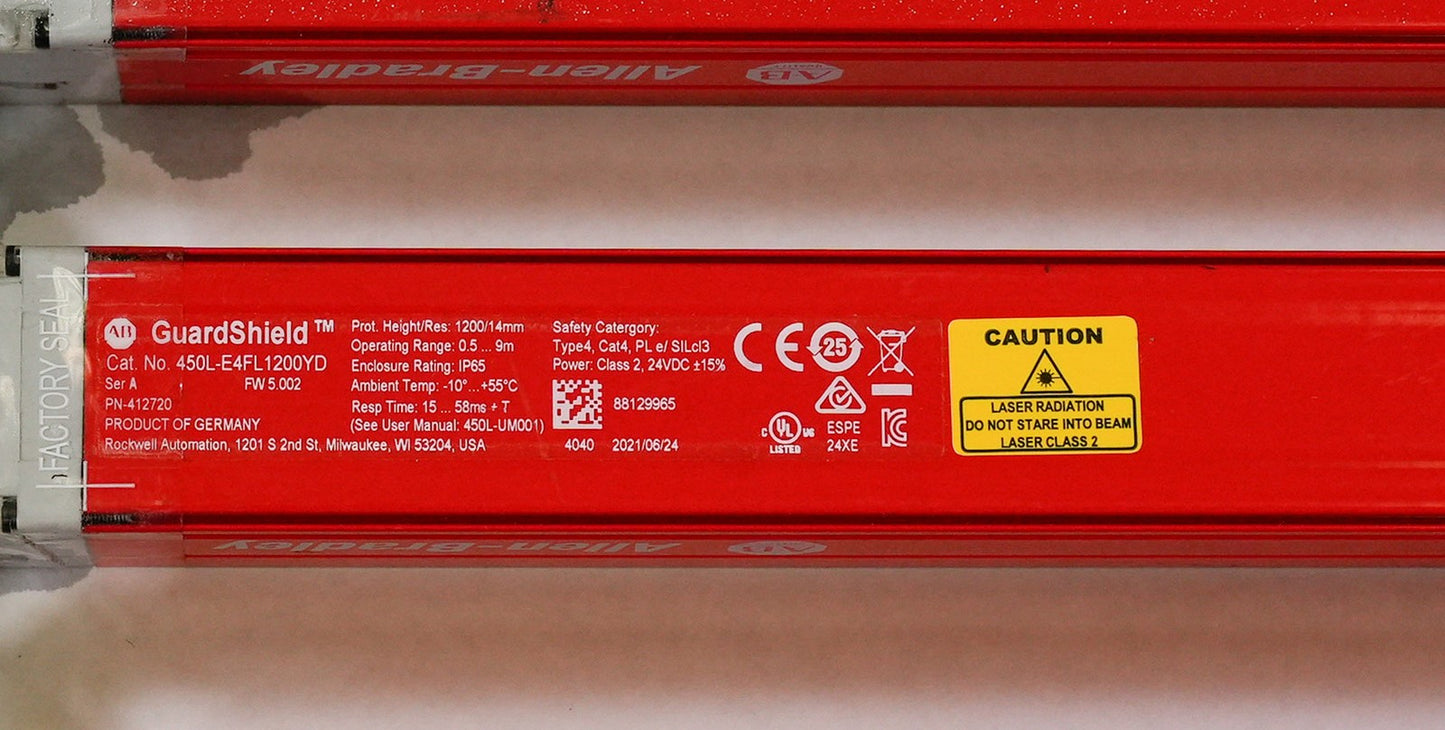 1x Allen Bradley 450L-E4FL1200YD GuardShield 450L-E Safety Light Curtain 1200mm