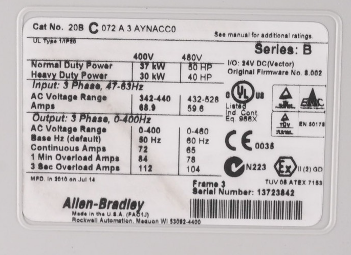 Allen Bradley 20BC072A3AYNACC0 /B PowerFlex 700 AC Drive 480V 50HP 3-Phase
