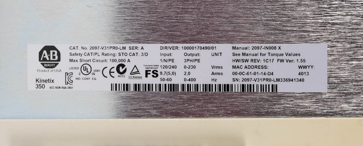 Allen Bradley 2097-V31PR0-LM Ser A Kinetix 350 Servo Drive 2097-V31PRO-LM 1PH