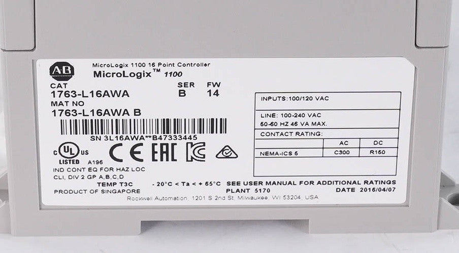 Allen Bradley 1763-L16AWA Ser B MicroLogix 1100 PLC 120/240V AC Controller