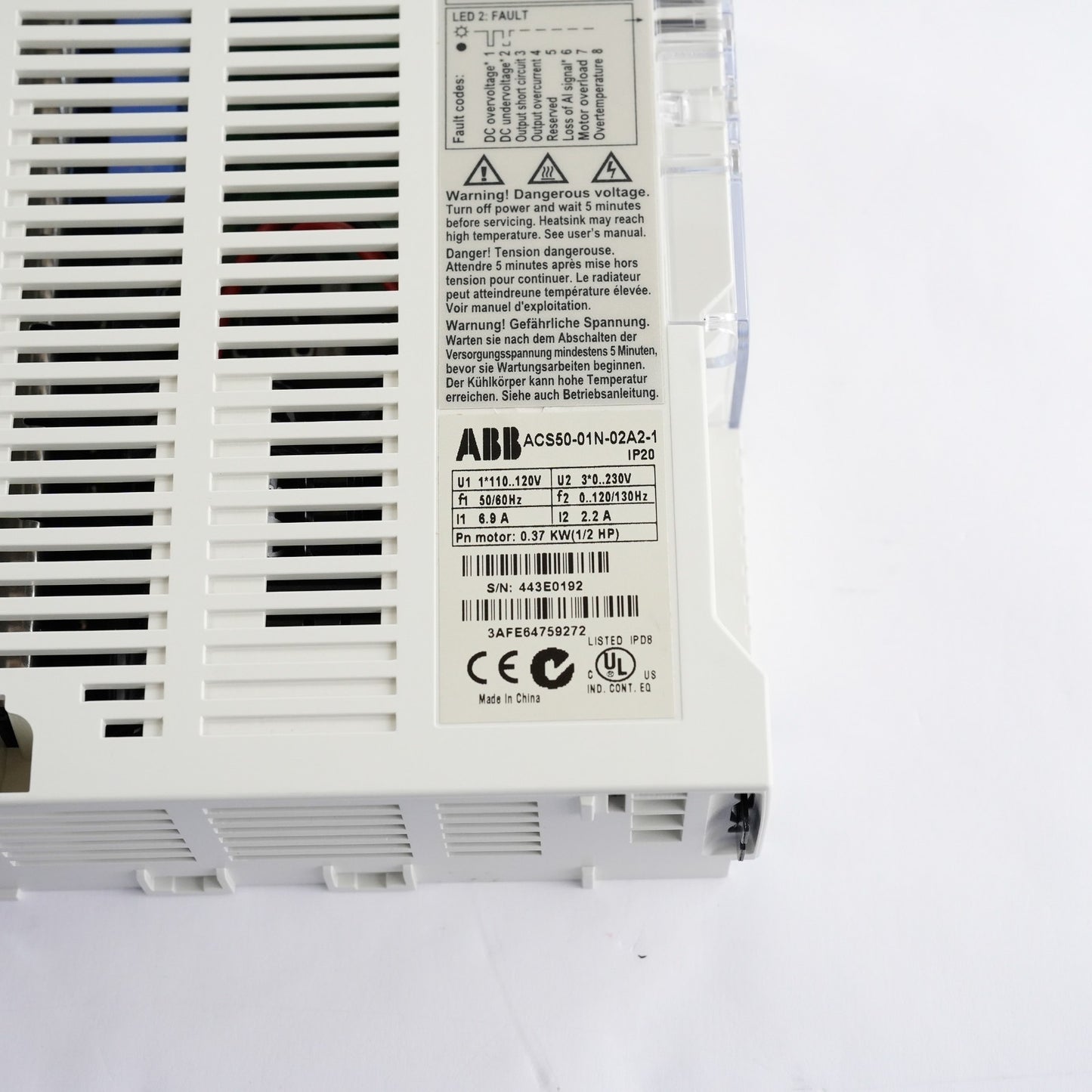 ABB ACS50-01N-02A2-1 110-120V 6.9A 50/60Hz 0.37Kw 1/2HP