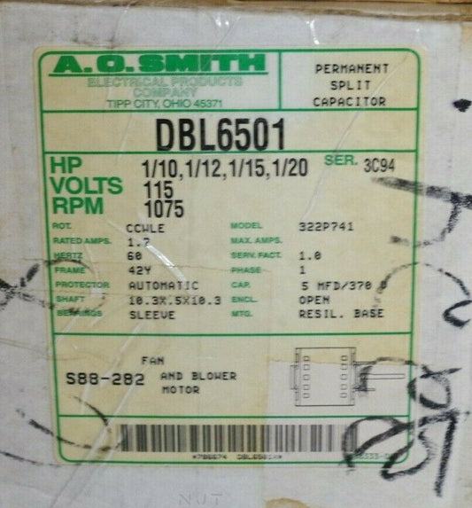 A.O. Smith DBL65011 Room Air Conditioner Motor, 1075 RPM NEW 115V 322P741