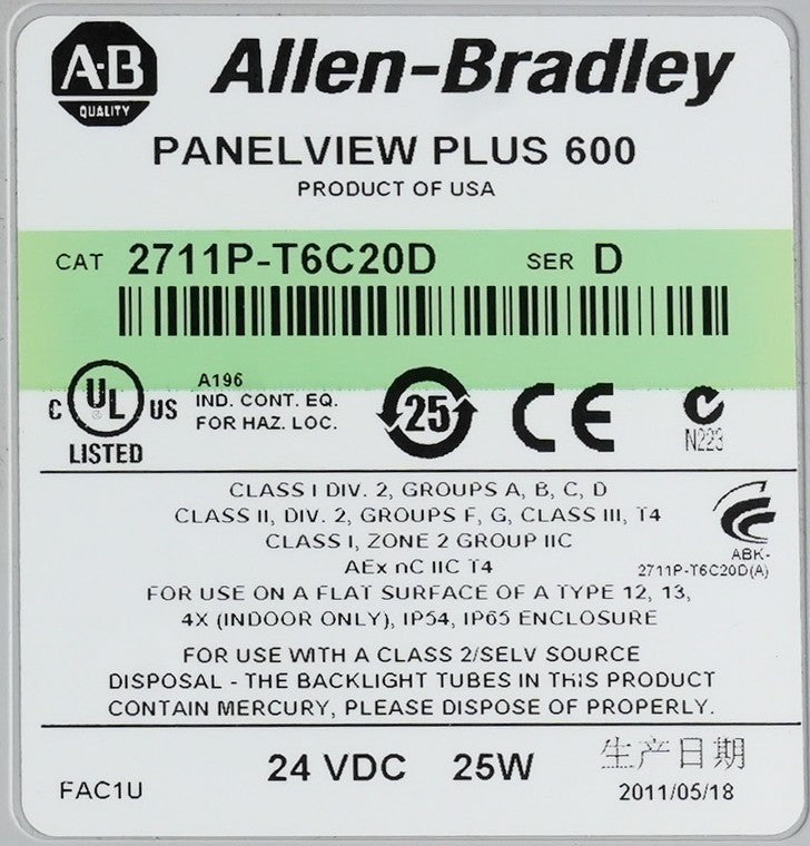Allen Bradley 2711P-T6C20D /D Panelview Plus 600 Operator Interface Panel