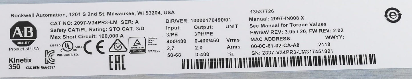 Allen Bradley 2097-V34PR3-LM /A Kinetix 350 Servo Drive 480V 3-Ph 2097V34PR3LM