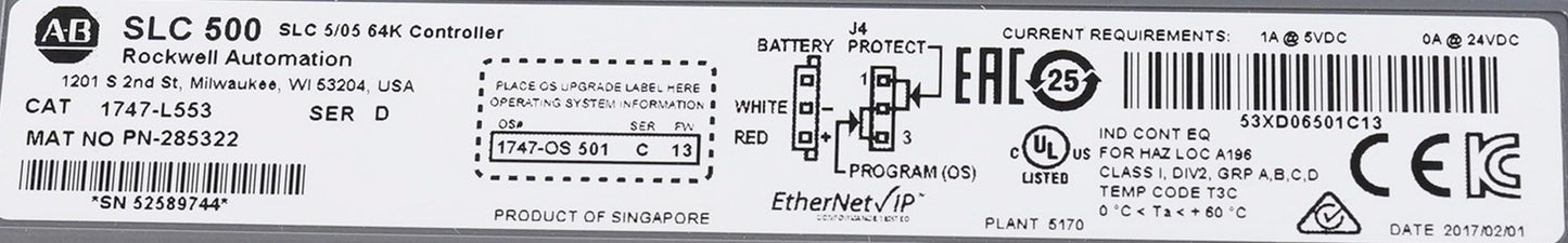 Allen Bradley 1747-L553 /D SLC 500 5/05 64K Controller + Key 1747L553