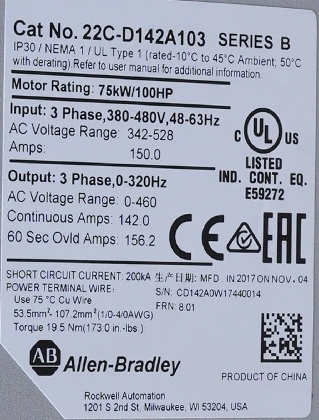 Allen Bradley 22C-D142A103 /B PowerFlex 400 AC Drive 480V 100HP 75kW + Warranty