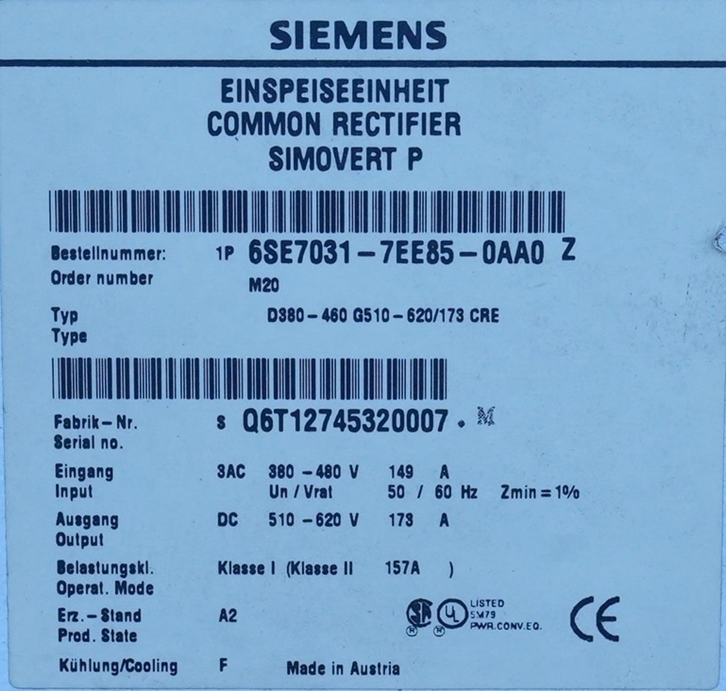 Siemens 6SE7031-7EE85-0AA0 Simovert Masterdrives AC Drive 510-620V