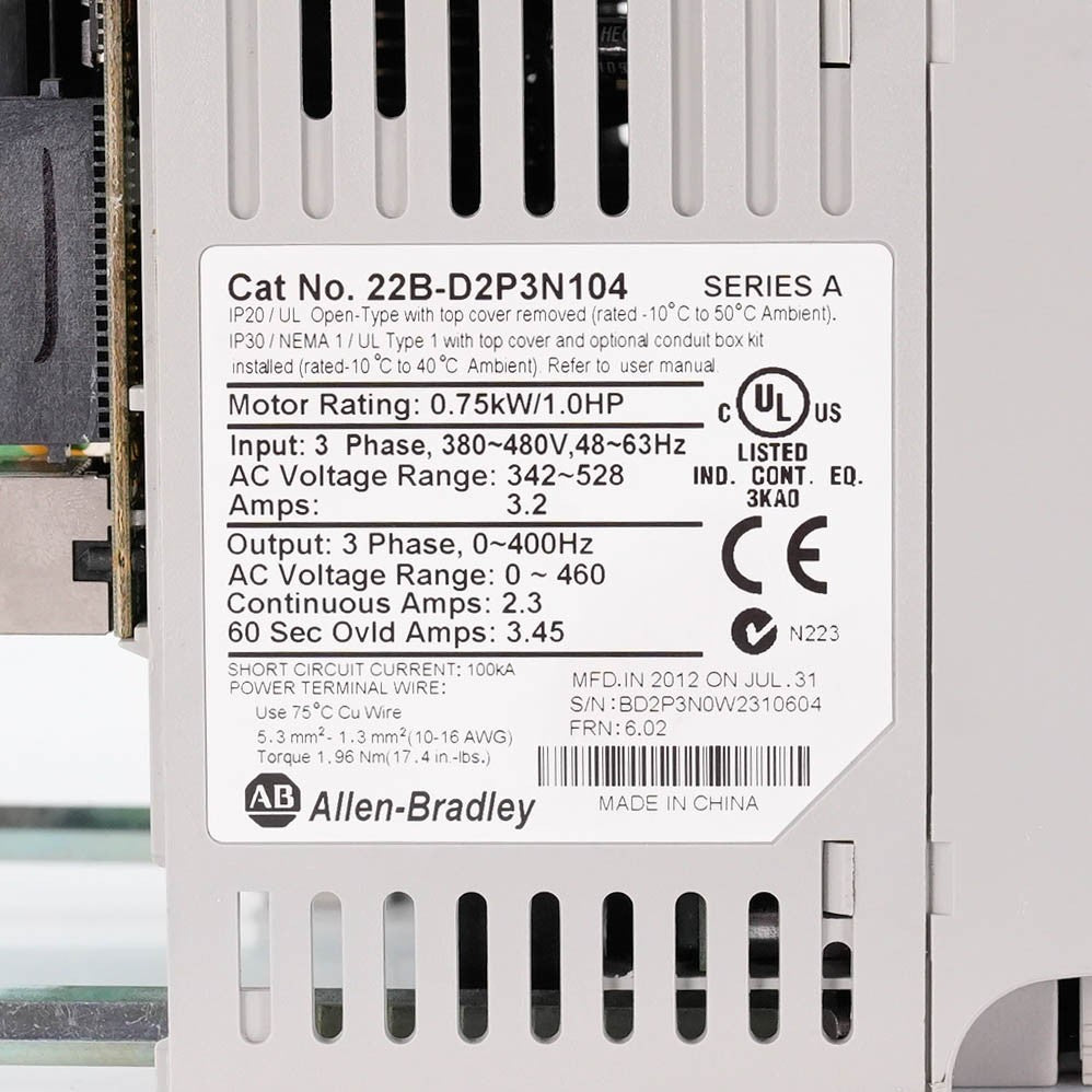 Allen Bradley 22B-D2P3N104 ser A PowerFlex 40 AC Drive 480V 3PH 0.75kW 1HP 2.3A