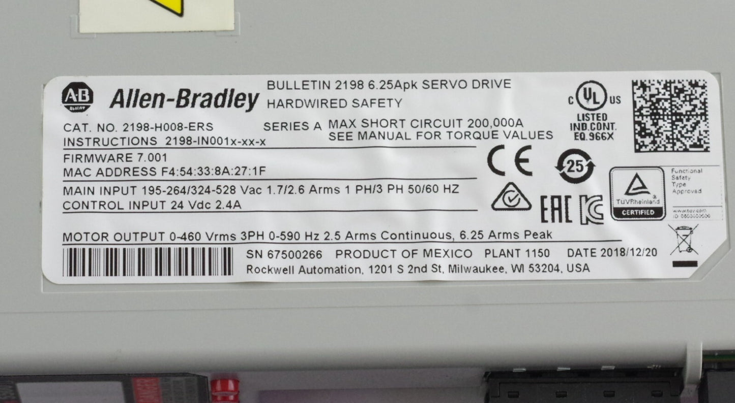 Allen Bradley 2198-H008-ERS /A Kinetix 5500 190-528VAC 6.3A Servo Drive