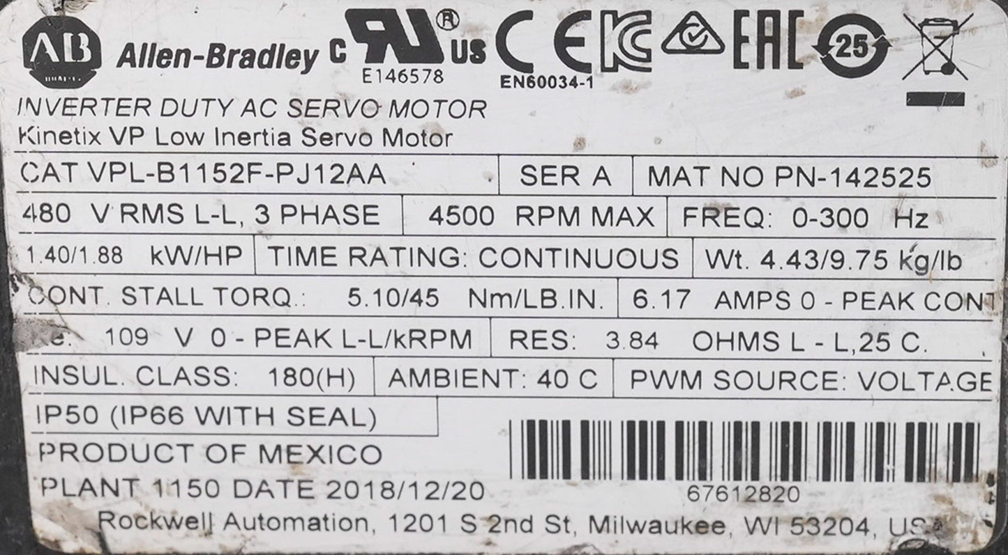Allen Bradley VPL-B1152F-PJ12AA /A Inverter Duty AC Servo Motor 480V 3-Phase