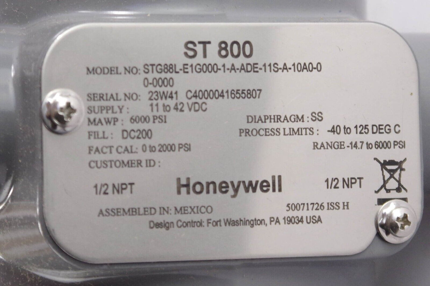 Honeywell ST800 STG88L-E1G000-1-A-ADE-11S-A-10A0-00-0000 Pressure Transmitter