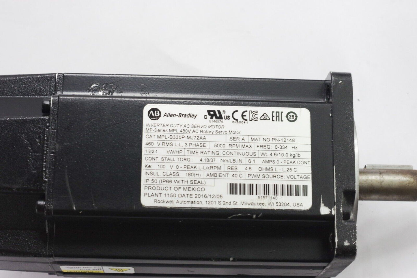 ALLEN BRADLEY MPL-B330P-MJ72AA SER. A AC Servo Motor - Used