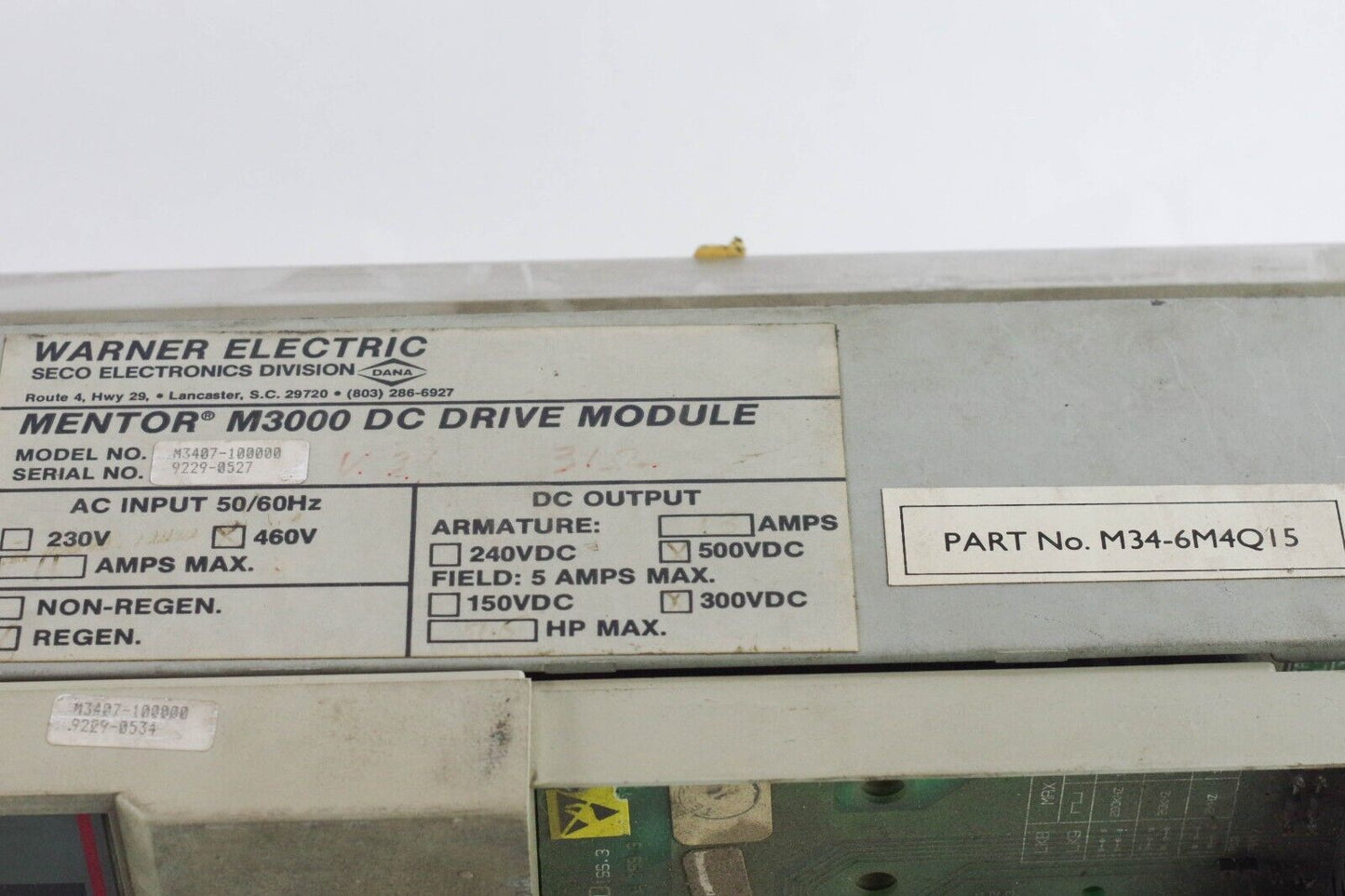 Warner Electric Seco Mentor M3000 M3407-100000 M34-6M4Q15 7.5HP DC - For Parts