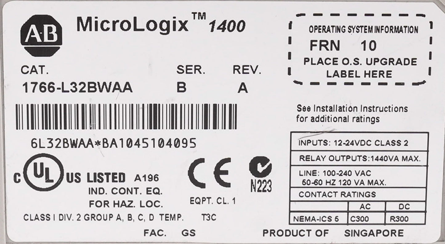 Allen Bradley 1766-L32BWAA /B Rev A MicroLogix 1400 PLC Controller 1766L32BWAA