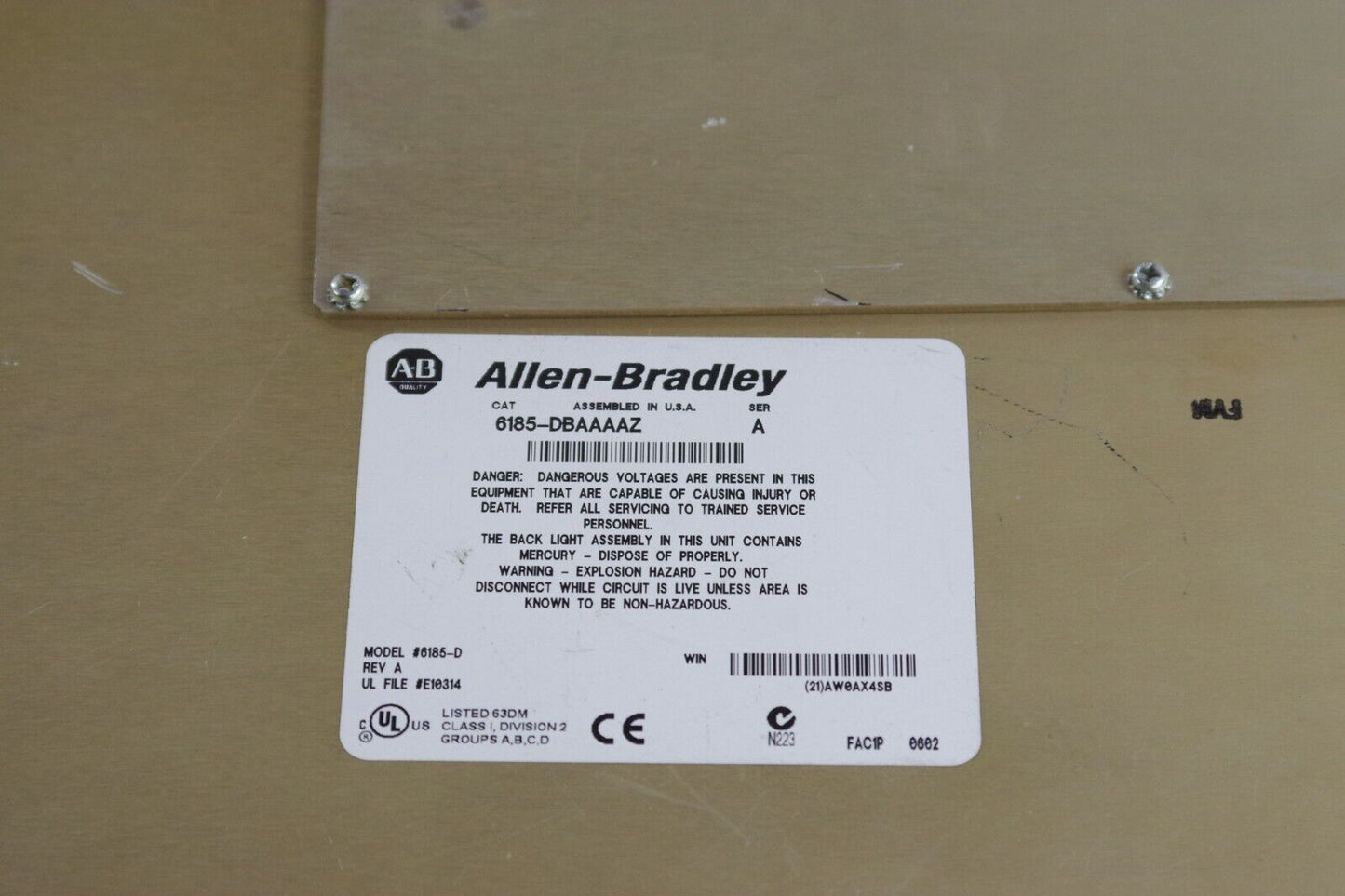 Allen Bradley 6185-DBAAAAZ Stainless HMI Display Panel 6185-D Ser A Rev A