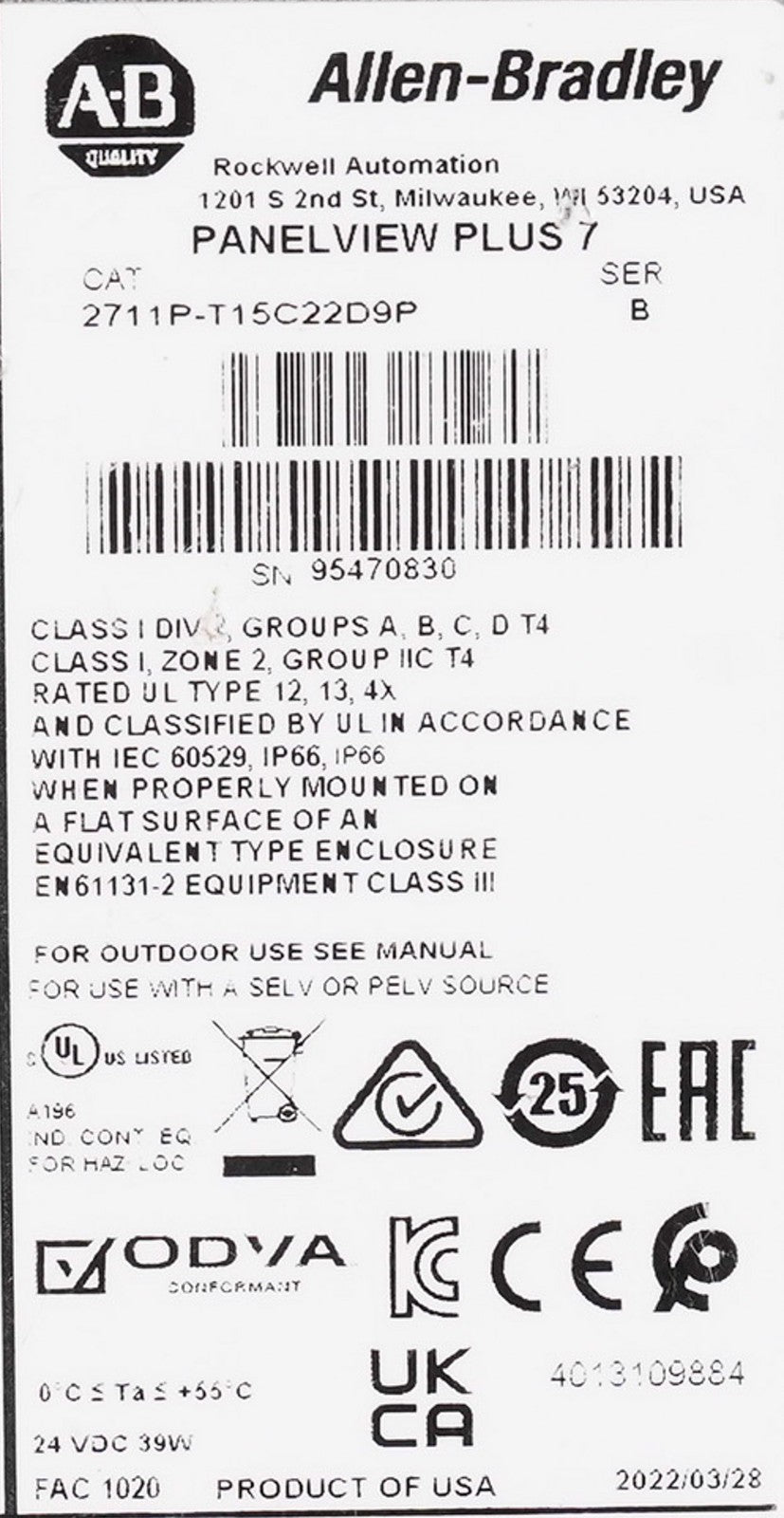 Allen Bradley 2711P-T15C22D9P /B PanelView Plus 7 15" Refurbished Series B