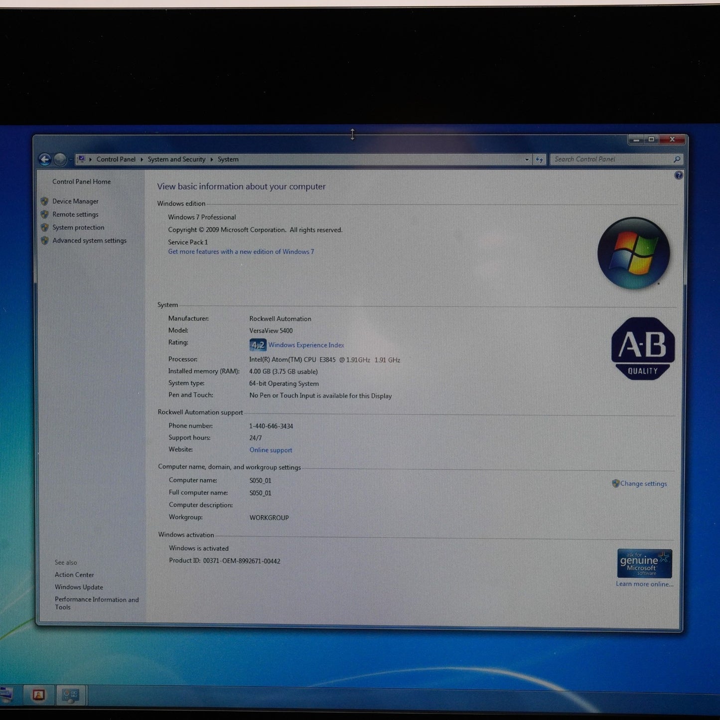 Allen Bradley 6200P-22WS3A1 /A VersaView 5400 Box Panel PC 21.5" 6200P22WS3A1