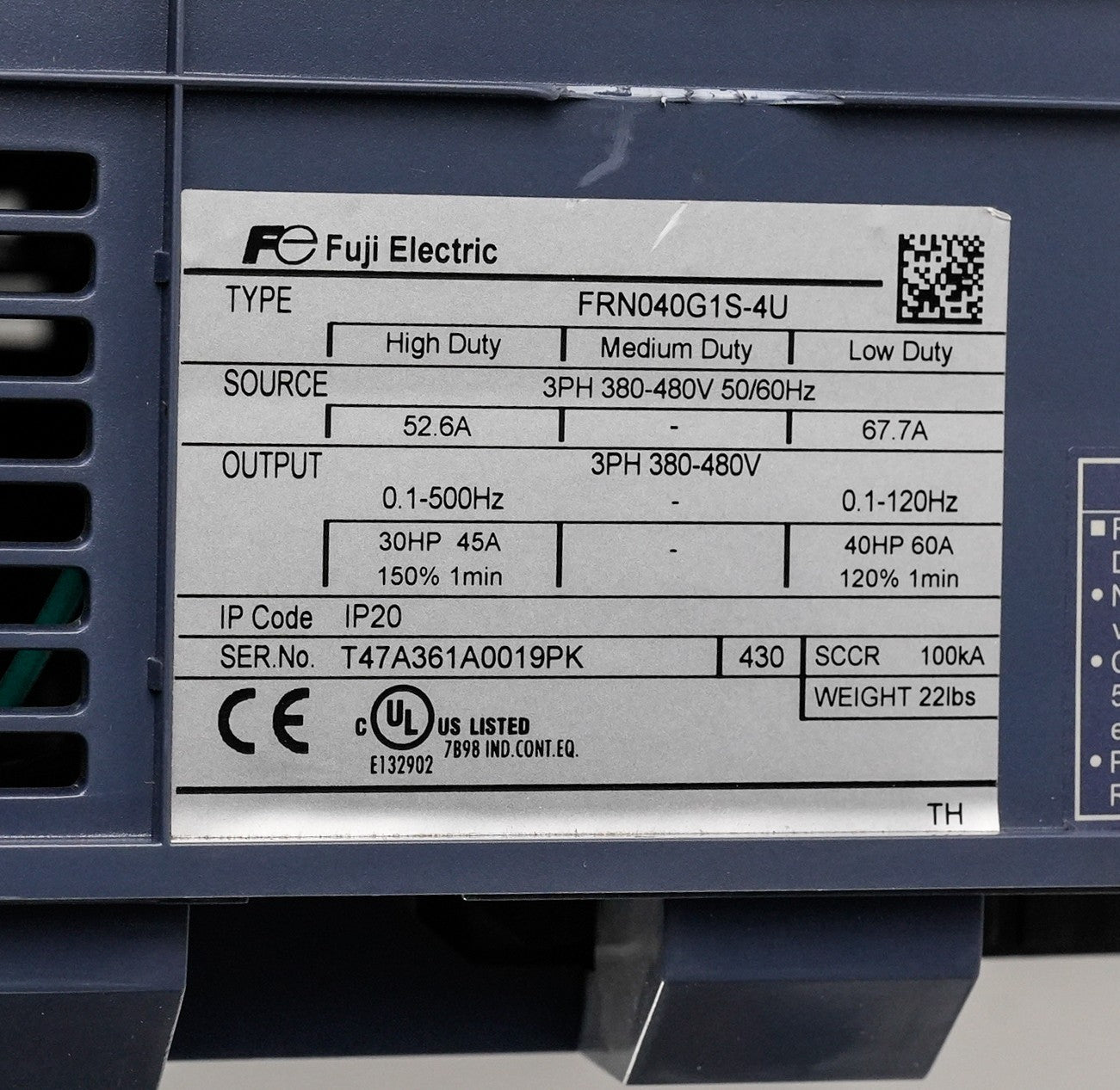 Fuji Electric FRN040G1S-4U Inverter / VFD Drive 40HP 480VAC - Missing Cover