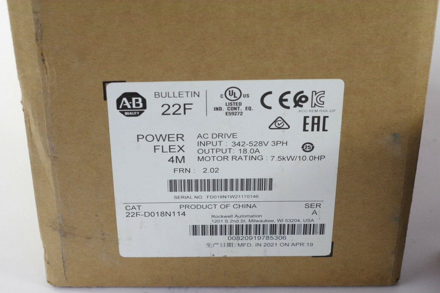 ALLEN BRADLEY 22F-D018N114 AC Drive 7.5kW 10HP 480vac 3PH - With Box